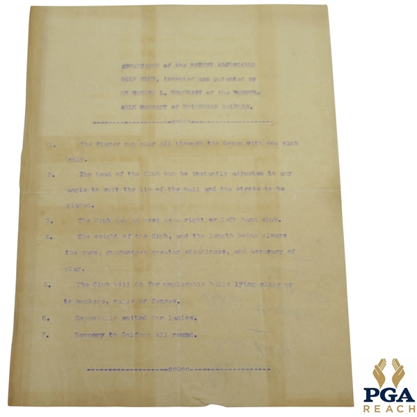 Advantages of the Patent Adjustable Golf Club Invented & Patented by Robert Urquhart of Edinburgh Page