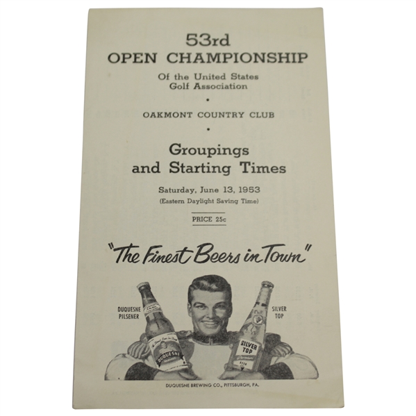 1953 US Open at Oakmont Official Saturday Groups & Starting Times - Ben Hogan Winner