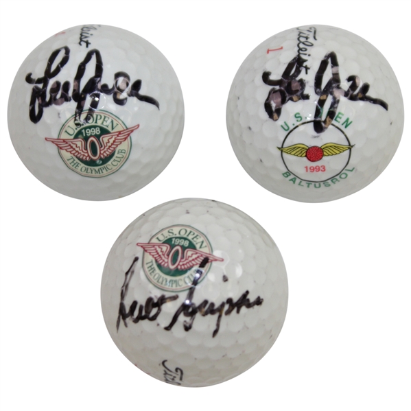 US Open Champs Lee Janzen(x2) & Scott Simpson Signed Site of Win Logo Golf Balls JSA ALOA