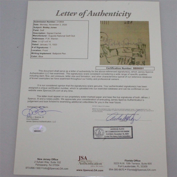 Bobby Jones Signed 1933 Augusta National GC First Day Green Ink Cover - Rare FULL JSA #BB90091