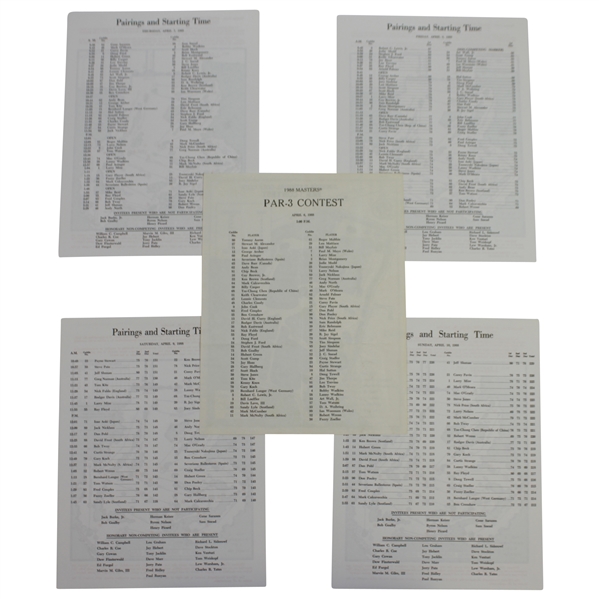 1988 Masters Tournament Thurs-Sunday (4) & Par 3 Contest Pairing Sheets - Sandy Lyle Winner