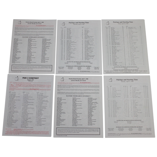 1998 Masters Tournament Thurs-Sat (3), Par 3, & Nicklaus Day (2) Pairing Sheets - Mark OMeara Winner