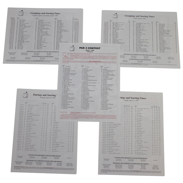 1999 Masters Tournament Thurs-Sunday (4) & Par 3 Contest Pairing Sheets - Joe Maria Olazabal Winner
