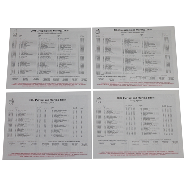 2004 Masters Tournament Thurs-Sunday (4) Pairing Sheets - Phil Mickelson Winner