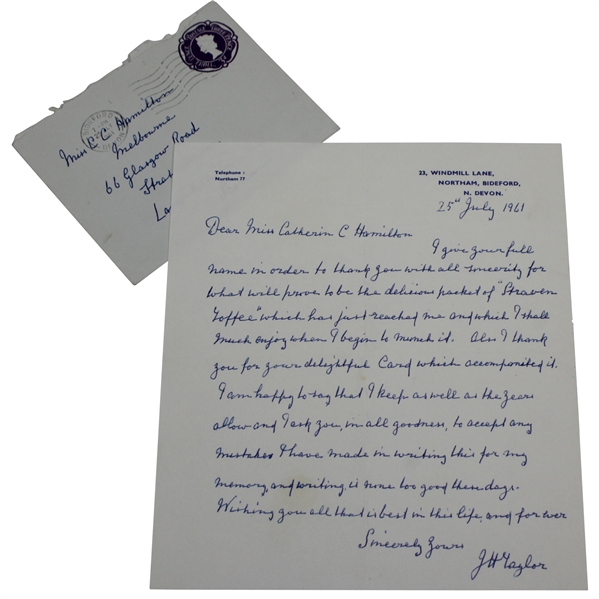 J.H. Taylor Signed Handwritten Letter to Catherine Hamilton 7/25/1961 JSA ALOA