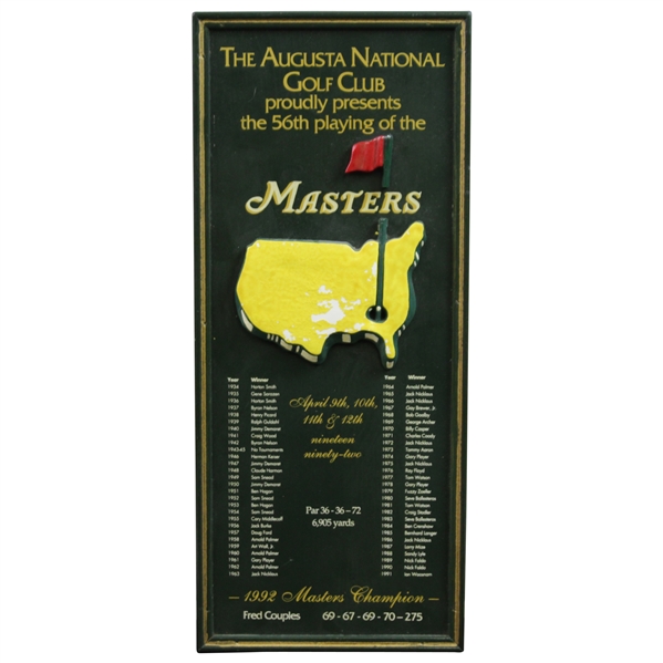 1992 Augusta National Golf Club 56th Playing of Masters Wood Plaque - Fred Couples Winner