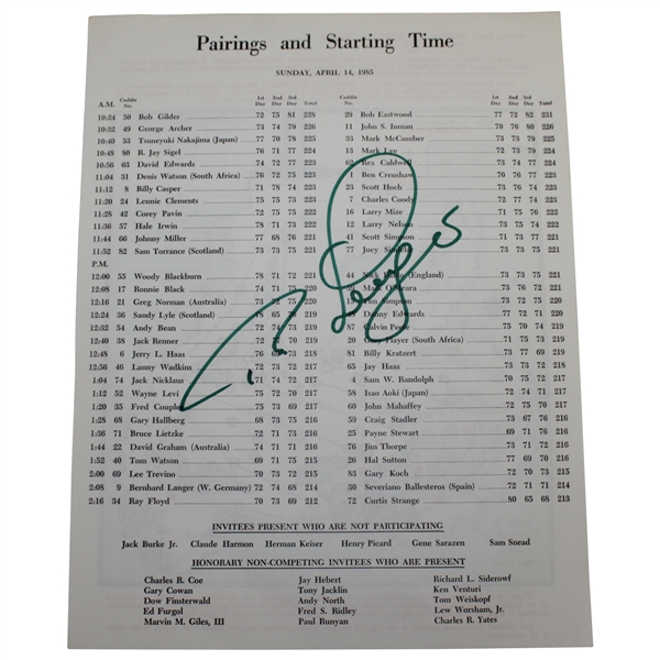 Bernhard Langer Signed 1985 Masters Sunday Pairing Sheet JSA ALOA