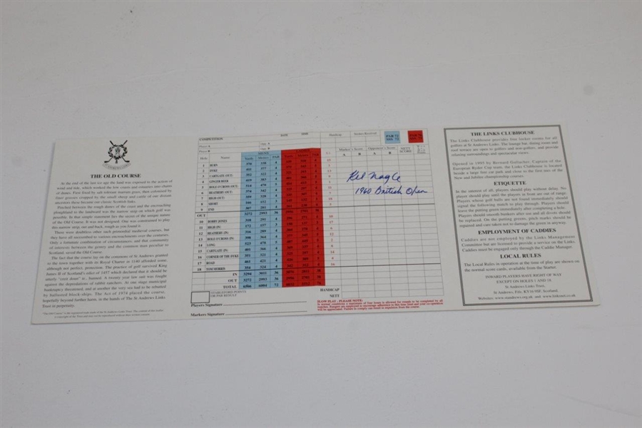 Kel Nagle Signed St. Andrews The Old Course Scorecard with '1960 British Open' JSA ALOA