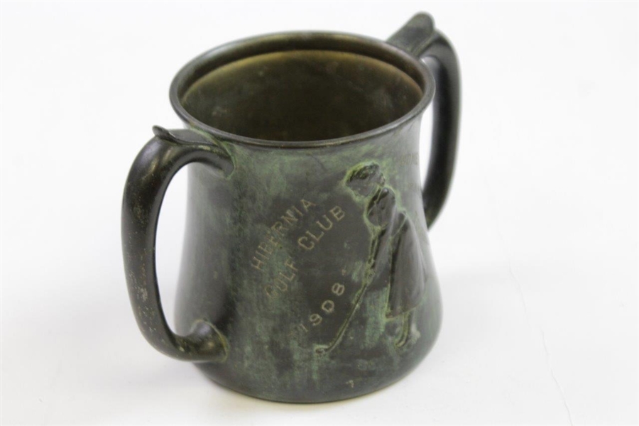 Vintage 1908 Hibernia Golf Club Women's Two-Handled Trophy Mug with Unique Green Wash Finish