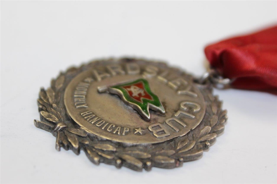 Circa Early 1890's Ardsley Club Monthly Handicap Medal with Decorative Pin & Ribbon - Enameled Flag