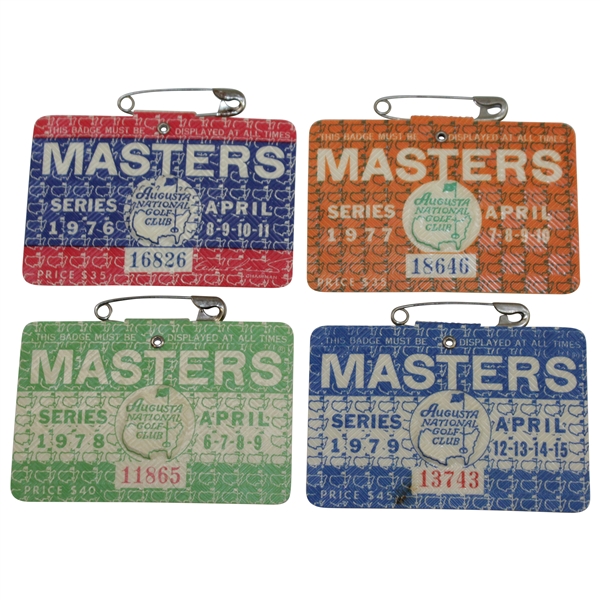 1976, 1977, 1978, & 1979 Masters Tournament SERIES Badges - Floyd, Watson, Player, & Zoeller Winners