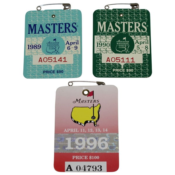 1989, 1990, & 1996 Masters Tournament SERIES Badges - Nick Faldo's Three Masters Wins
