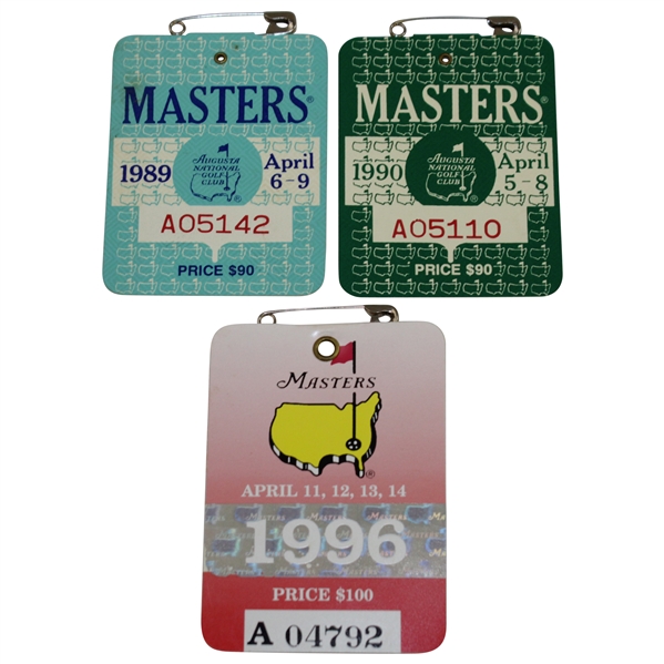 1989, 1990, & 1996 Masters Tournament SERIES Badges - Nick Faldo's Three Masters Wins