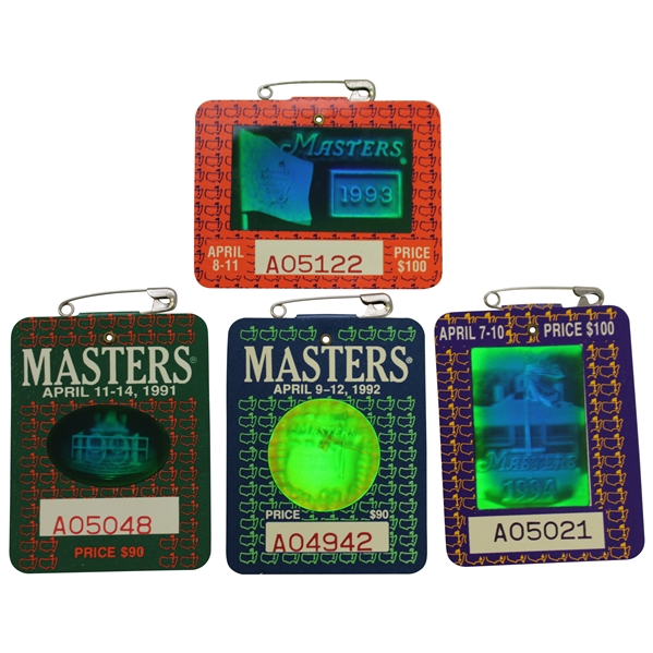 1991, 1992, 1993, & 1994 Masters Tournament SERIES Badges - Woosnam, Couples, Langer, & Olazabal Winners