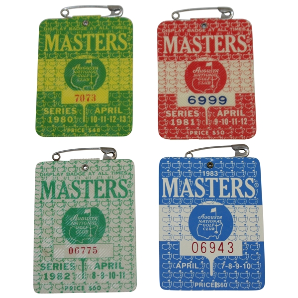 1980, 1981, 1982, & 1983 Masters Tournament SERIES Badges - Ballesteros(x2), Watson, & Stadler Winners