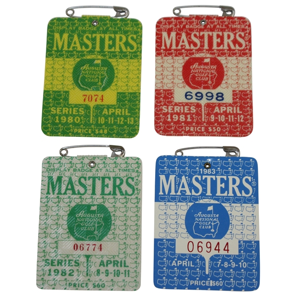 1980, 1981, 1982, & 1983 Masters Tournament SERIES Badges - Ballesteros(x2), Watson, & Stadler Winners
