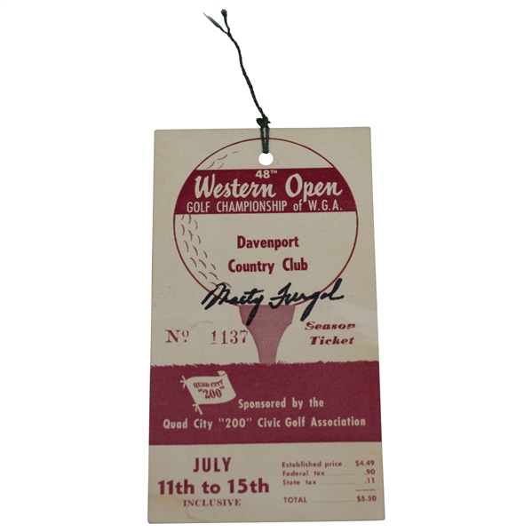 Champion Marty Furgol Signed 1951 Western Open at Davenport Ticket #1137 JSA ALOA