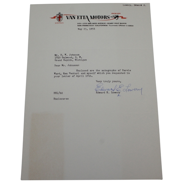 Eddie Lowery (Ouimet Caddie in 1913 Us Open) Signed 1956 Letter to DW Johnson JSA ALOA