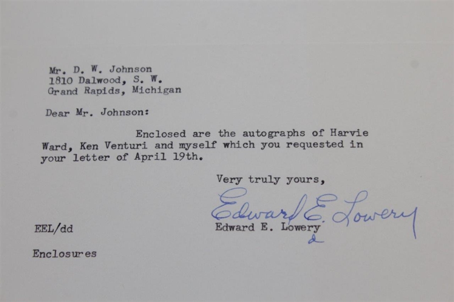 Eddie Lowery (Ouimet Caddie in 1913 Us Open) Signed 1956 Letter to DW Johnson JSA ALOA