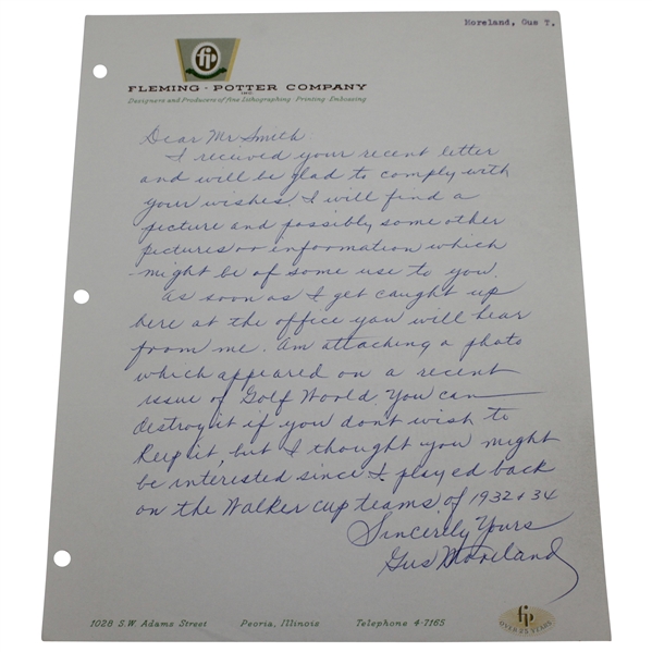 Gus Moreland Signed Handwritten Letter - Played in First Masters & 1932 & 1934 Walker Cupper JSA ALOA