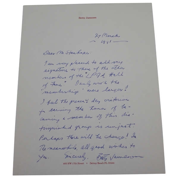 HoFer Betty Jameson Signed 1991 Handwritten Letter on Personal Letterhead JSA ALOA