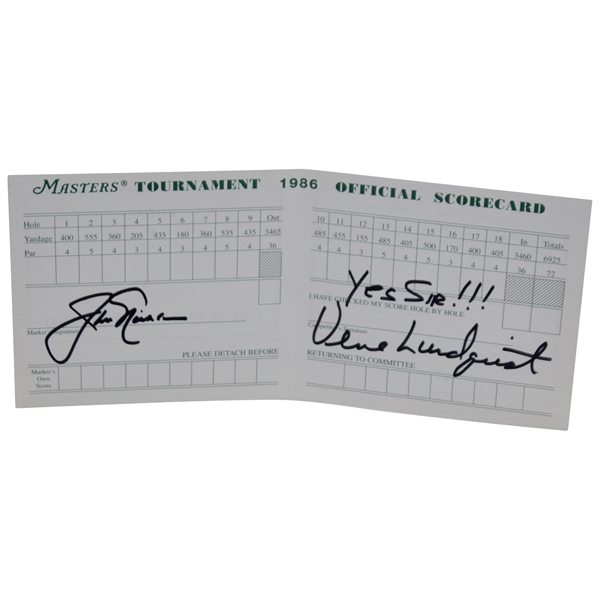 Jack Nicklaus & Verne Lundquist Signed 1986 Masters Scorecard W/Notation Yes Sir! JSA ALOA