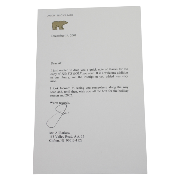 Jack Nicklaus Signed 12/14/2001 Letter of Thanks to Al Barkow on Letterhead JSA ALOA