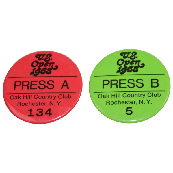 Two 1968 US Open at Oak Hill Country Club Press Badges - A #134 & B #5