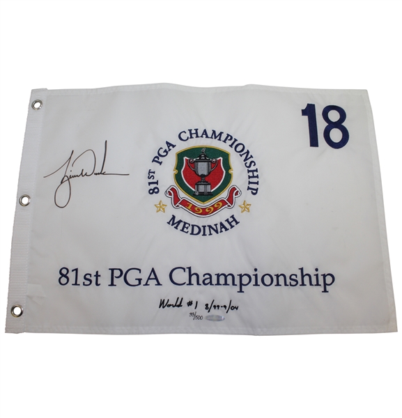 Tiger Woods Signed 1999 PGA at Medinah Embroidered White Flag Ltd Ed 33/500 UDA #BAM54433 