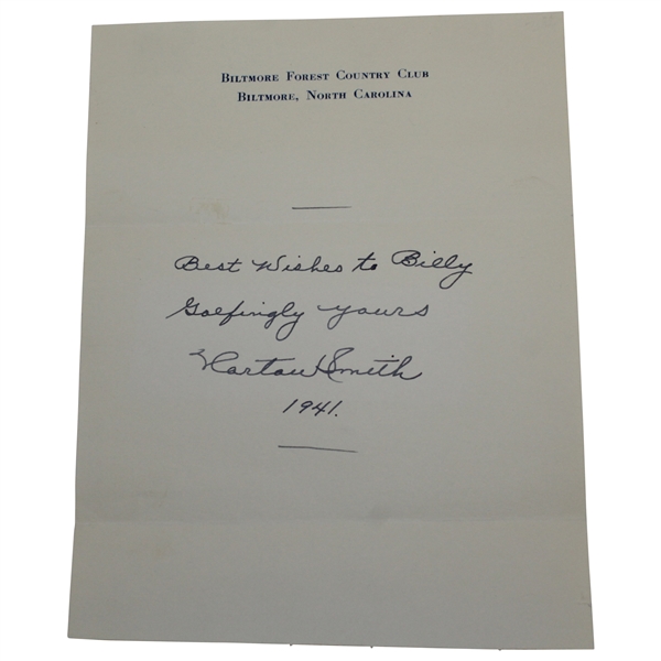 Horton Smith Signed & Dated Best Wishes Note on Biltmore Forest CC Letterhead JSA ALOA