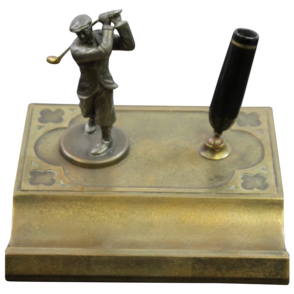 Vintage Silver Crest Real Bronze Post-Swing Golfer with Gold Clubhead Pen Holder Display
