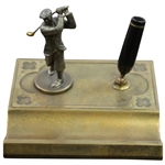 Vintage Silver Crest Real Bronze Post-Swing Golfer with Gold Clubhead Pen Holder Display