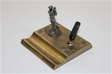 Vintage Silver Crest Real Bronze Post-Swing Golfer with Gold Clubhead Pen Holder Display