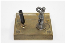 Vintage Silver Crest Real Bronze Post-Swing Golfer with Gold Clubhead Pen Holder Display