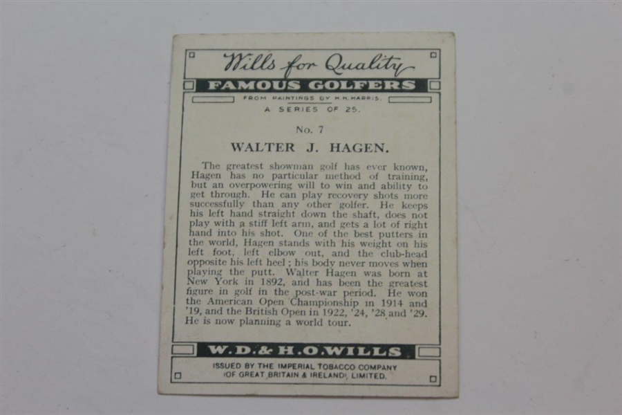Vintage Walter Hagen Famous Golfer's W.D. & H.O. Wills Golf Card No. 7