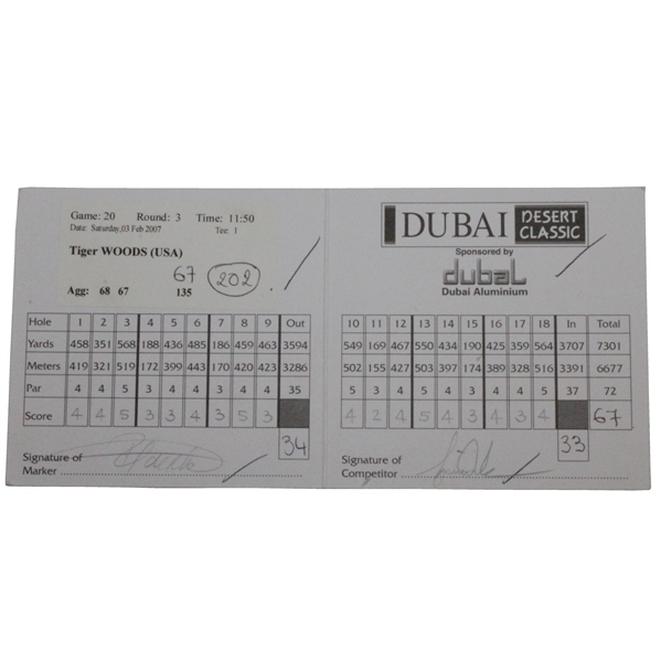 Tiger Woods Actual Match Used & Signed 3rd Rd 2007 Dubai Desert Classic Scorecard JSA ALOA