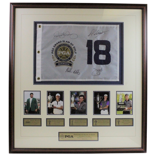 Rory McIlroy, Bubba Watson, Martin Kaymer, & Jim Furyk Signed Grand Slam of Golf Flag - Framed JSA ALOA