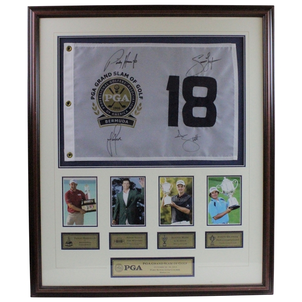 Justin Rose, Padraig Harrington, Jason Dufner, & Adam Scott Signed Grand Slam of Golf Flag - Framed JSA ALOA