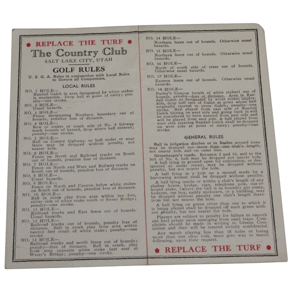 Classic The Country Club Salt Lake City Scorecard with Stymie Gauge - Rod Munday Collection