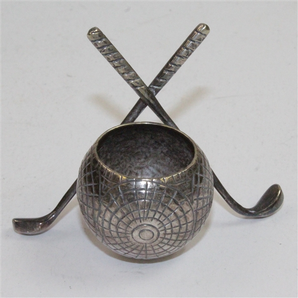 Vintage Silver Golf Ball Themed Inkwell with Crossed Clubs