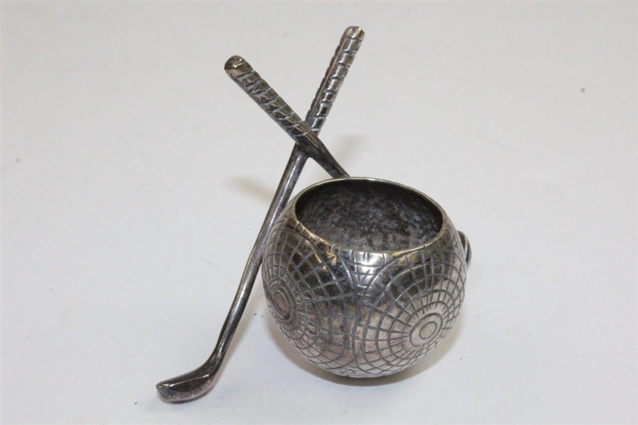 Vintage Silver Golf Ball Themed Inkwell with Crossed Clubs