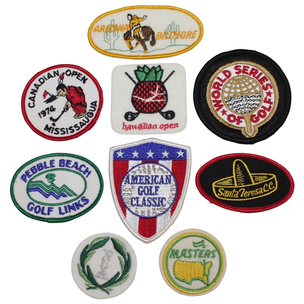 Nine Assorted Vintage Golf Patches Including Masters, Pebble Beach, Memorial, & others