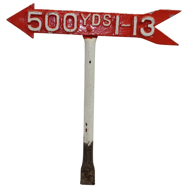 Vintage Hand-Painted Metal Orange with White '500yds 1-13' Sign