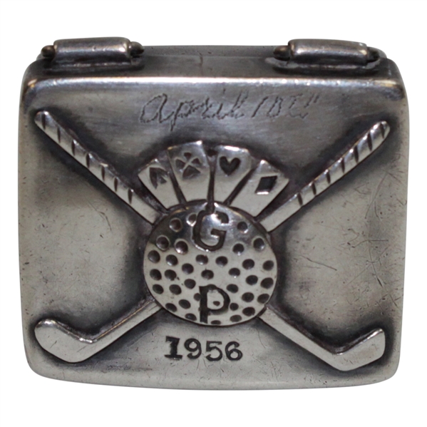Sterling Silver Crossed Clubs Golf Themed GP Pill Box in Suitcase Design with April 10, 1956