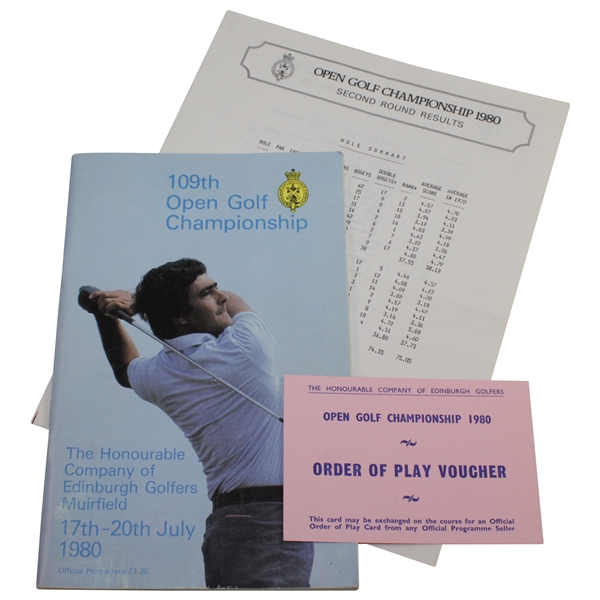 1980 OPEN at Muirfield Program with Results Page, Voucher, & 2 Attached Tickets - Tom Watson Winner