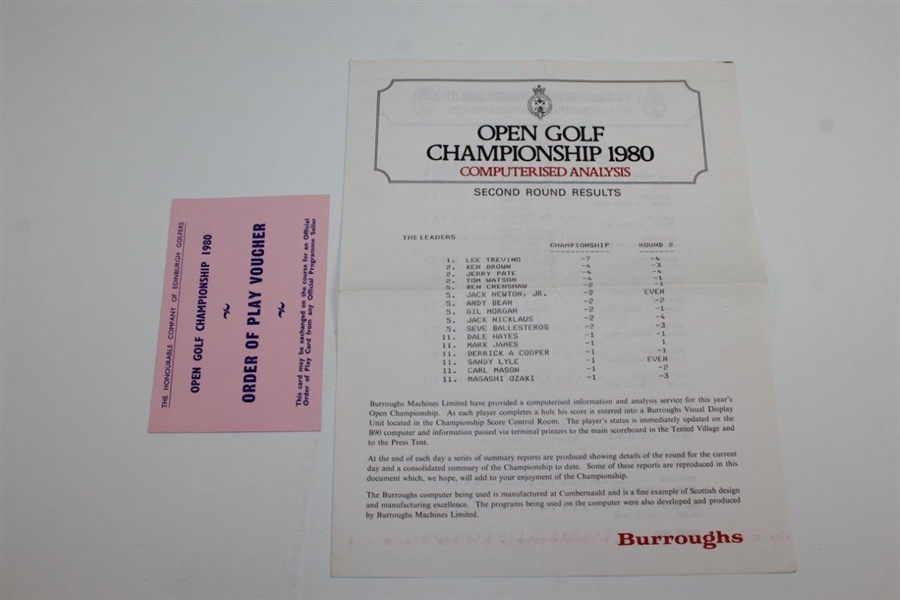 1980 OPEN at Muirfield Program with Results Page, Voucher, & 2 Attached Tickets - Tom Watson Winner