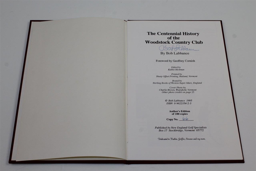Ltd Ed 1995 'The Centennial History of the Woodstock Country Club' Author's Copy by Bob Labbance