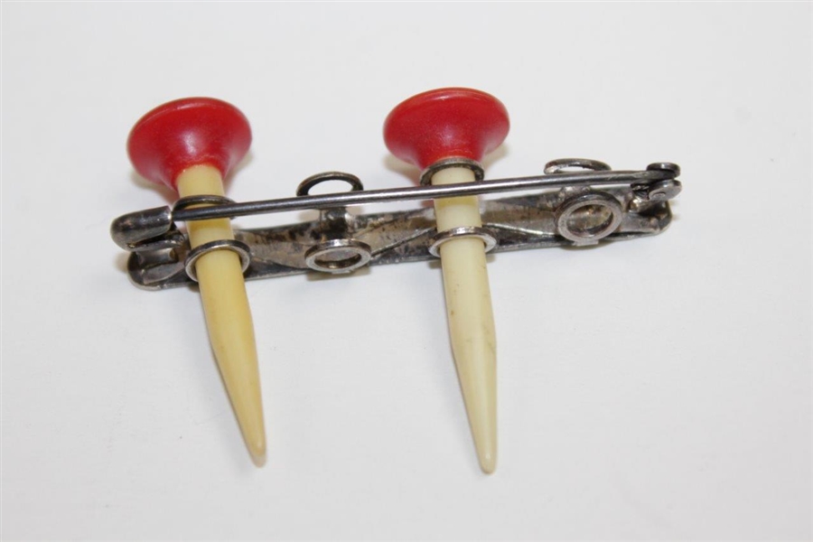 Art Deco Golf Bag & Balls Themed Golf Tee Holder with Two Red/White Celluloid Tees