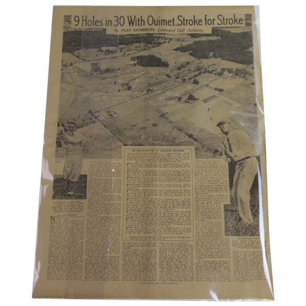 9 Holes in 30 with Ouimet, Stroke for Stroke 1931 US Am Newspaper Article Sheet by Alex Morrison