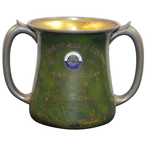 1912 The Country Club of Glen Ridge Spring Handicap 2-Handled Green with Gilded Interior Mug